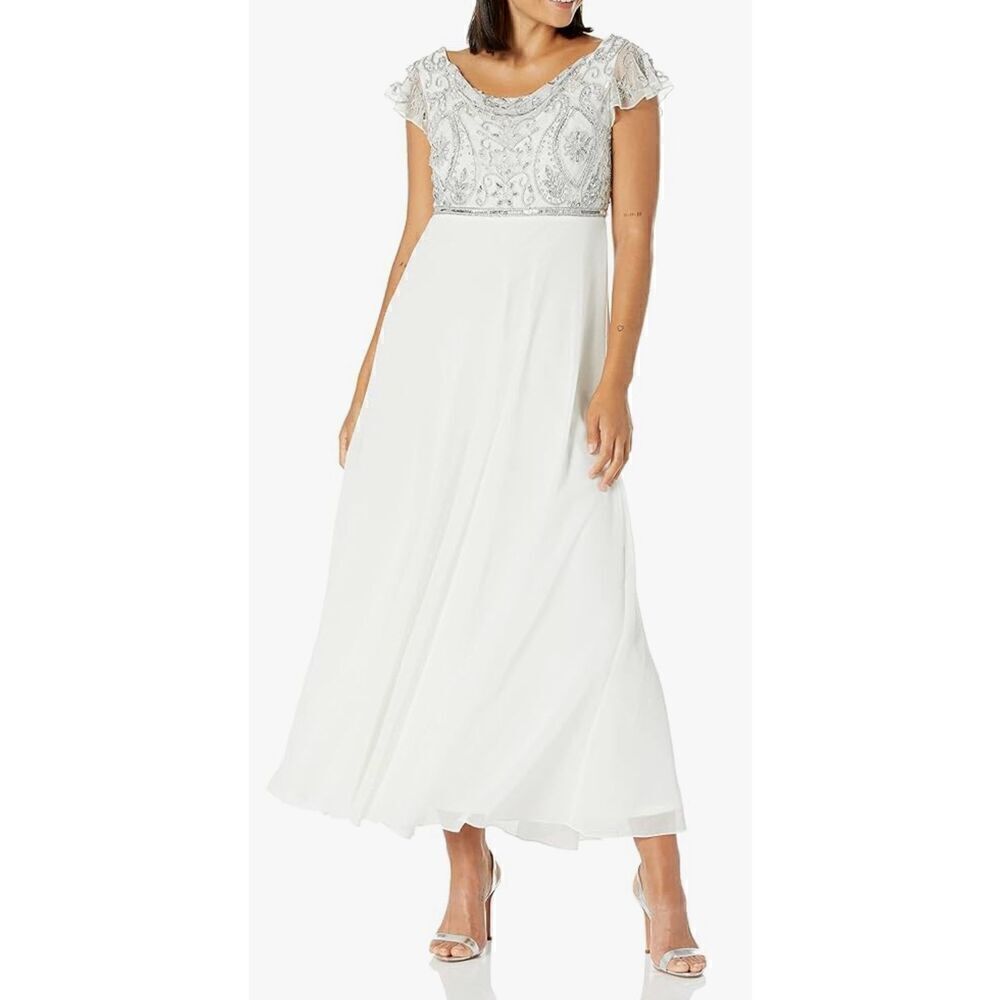 J Kara Women's Back and Front Cowlneck Beaded Short Sleeve Gown